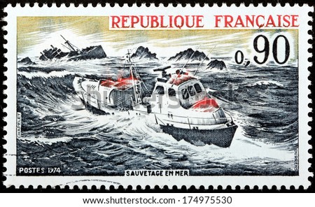 FRANCE - CIRCA 1974: A stamp printed by FRANCE shows Sea Rescue, Reorganized Sea Rescue Organization, circa 1974