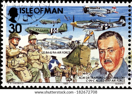 ISLE OF MAN - CIRCA 1994: A stamp printed by GREAT BRITAIN shows image portrait of Commander-in-chief of the Allied Expeditionary Air Force Trafford Leigh-Mallory, circa 1994