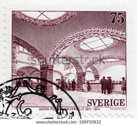 SWEDEN - CIRCA 1974: A stamp printed by SWEDEN shows view of Interior of the Central Post Office in Stockholm. The stamp from the Centenary of the Universal Postal Union set, circa 1974