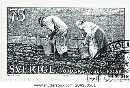 SWEDEN - CIRCA 1973: A stamp printed by SWEDEN shows ancient manual teamwork at Potato Planting season in Vastmanland, Sweden, circa 1973
