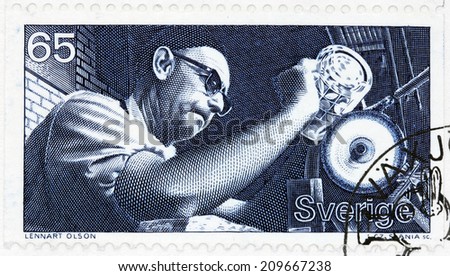 SWEDEN - CIRCA 1972: A stamp printed by SWEDEN shows Glass-cutting at Boda. Boda glasbruk is a village situated in Emmaboda Municipality, Kalmar County, Sweden, circa 1972
