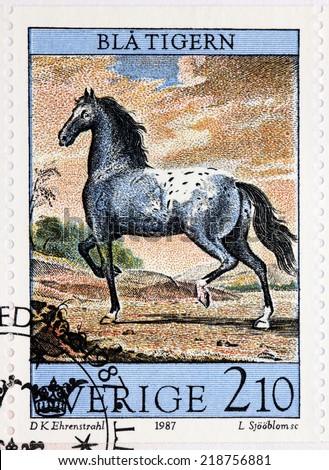 SWEDEN - CIRCA 1987: A stamp printed by SWEDEN shows King\'s Charles XI horse called the Blue Tiger. Engraving after painting of the Court Painter David Ehrenstrahl, circa 1987