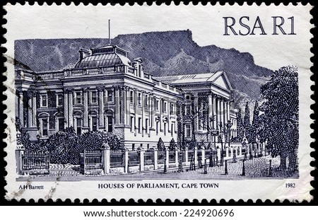 SOUTH AFRICA - CIRCA 1982: A stamp printed by SOUTH AFRICA (RSA) shows view of the Houses of Parliament in Cape Town, Western Cape, Republic of South Africa, circa 1982