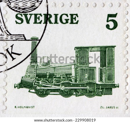 SWEDEN - CIRCA 1975: A stamp printed by SWEDEN shows ancient Swedish Steam Locomotive called Fryckstad. This locomotive was built in 1855 in Eskilstuna, circa 1975