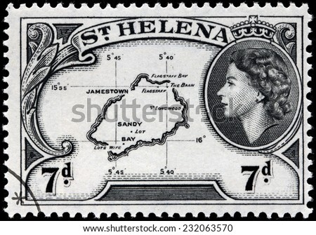 SAINT HELENA - CIRCA 1953: A stamp printed by ST. HELENA (GREAT BRITAIN) shows Image Portrait of Queen Elizabeth II and Map of Saint Helena, circa 1953