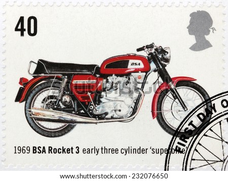 UNITED KINGDOM - CIRCA 2005: A stamp printed by GREAT BRITAIN shows early three cylinder superbike BSA Rocket 3, 1969, circa 2005