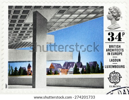 GREAT BRITAIN - CIRCA 1987: A stamp printed by GREAT BRITAIN shows view of European Investment Bank, Luxembourg. British architects in Europe series, circa 1987.