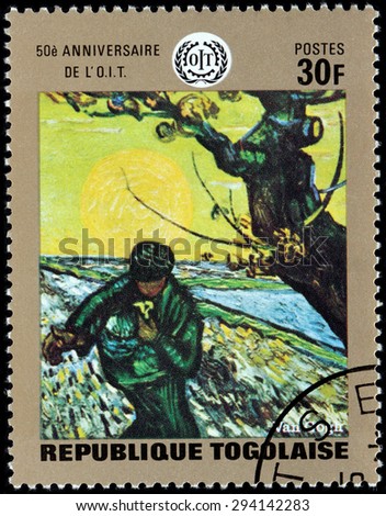 TOGO - CIRCA 1970: A stamp printed by TOGO shows painting Spring Sowing by famous Dutch Post-Impressionist painter Vincent van Gogh, circa 1970
