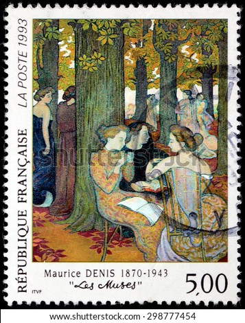 FRANCE - CIRCA NOVEMBER, 1993: A stamp printed by FRANCE shows painting The Muses by Maurice Denis - famous French painter and writer, and a member of the Symbolist movement.