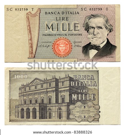 Old Italian currency notes issued by Bank of Italy in 1977. 1000 Lire banknote. The Theater Alla Scala in Milan and Guiseppe Verdi portrait.