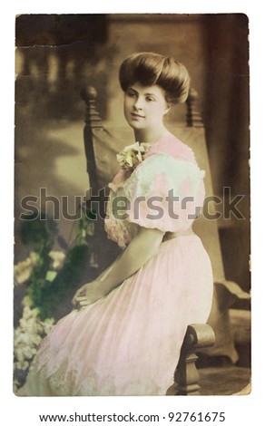 GERMANY - CIRCA 1907: Old postcard printed in GERMANY shows hand painted photograph of famous AMERICAN pianist and composer Myrtle Elvyn. She was soloist of Cincinnati Symphony Orchestra. Circa 1907.