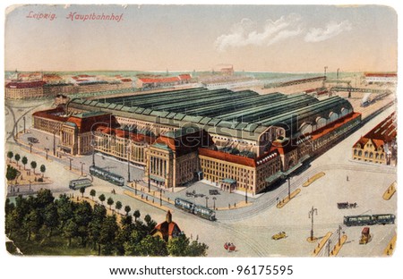 GERMANY - CIRCA 1918: a postcard printed in GERMANY shows bird\'s-eye view of Leipzig Central Railroad Station, circa 1918.