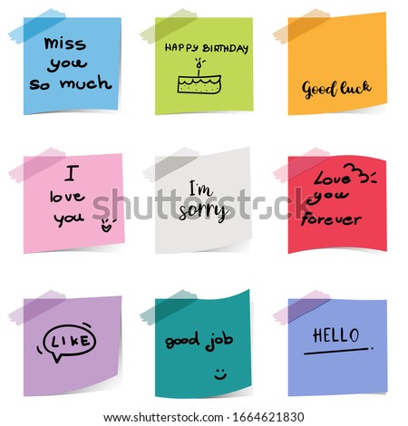 Colorful sticky notepaper with text on white background