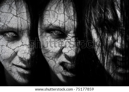 Girl Possessed By The Devil Looks At You Out Of Darkness Stock Photo ...