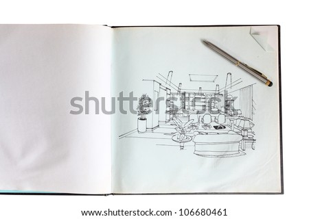 Graphical sketch by pen of an interior living room, on notebook paper background