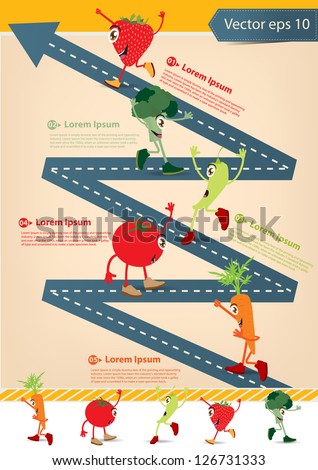 Road going up as an arrow With Cartoon Fruits: A set of funny cartoon fruits, Vector Modern Design template / can be used for infographics