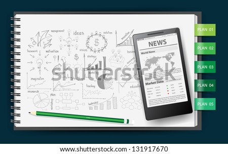 Notebook paper, With drawing business strategy plan concept idea, Mobile phone news  template on screen, Vector illustration