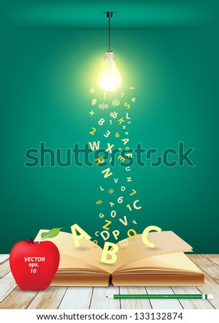 Open book with creative light bulb and falling letters on wood planks, Vector illustration template design