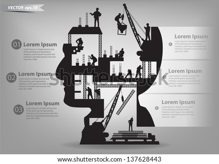 Building under construction with workers in sIlhouette of a head, Vector illustration template design