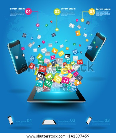 Creative tablet computer with mobile phones cloud of colorful application icon, Business software and social media networking online store service concept, Vector illustration modern template design