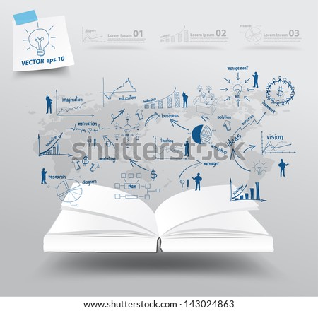 Book with drawing charts and graphs business strategy plan concept idea on world map, Vector illustration template design