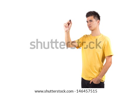 Young man writing with marker isolated on white background