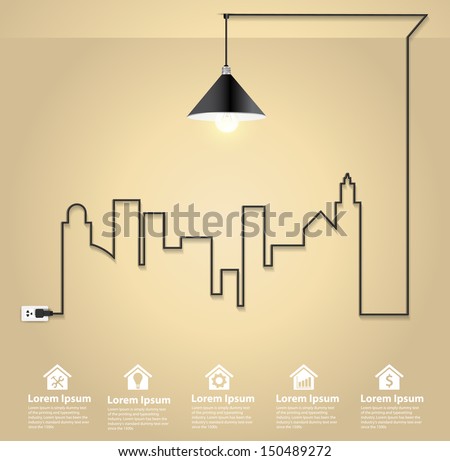 Cityscape with creative wire light bulb idea concept, Abstract modern design template workflow layout, diagram, step up options, Vector illustration template design