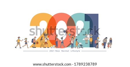 2021 New year with New normal lifestyle ideas concept. People wearing mask in flat big letters design. Vector illustration modern layout template