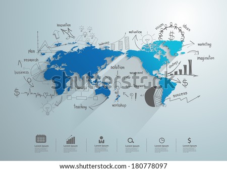 World map with creative drawing chart and graphs business success strategy plan idea, Business world concept modern design template workflow layout, diagram, step up options, Vector illustration