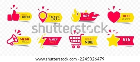 Vector business icons modern labels and tags ribbons banners stickers creative design, Shopping and Mega sale, special offer, Big sale, Order now, Flash sale, Best choice and Hot sale