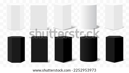Set of 3d vector podium Pedestals geometric stages, exhibit displays award ceremony presentation product, Black and white vertical shapes hexagon, square, circle, pentagon, rectangle