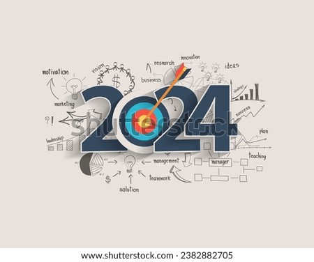 2024 new year target audience concept, Creative thinking drawing charts and graphs business success strategy plan idea on target dart with arrow, Vector illustration modern layout template