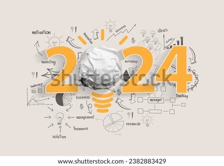 Vector creativity inspiration 2024 new year with crumpled paper ball light bulb ideas concept design, With drawing charts and graphs business success strategy plan