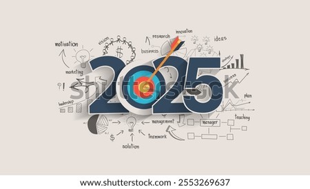 2025 new year target audience concept, Creative thinking drawing charts and graphs business success strategy plan idea on target dart with arrow, Vector illustration modern layout template