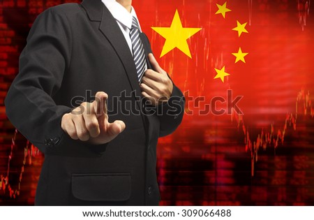 Flag of China. Downtrend stock data diagram with Business man pushing on a touch screen interface analyze solution ideas concept design