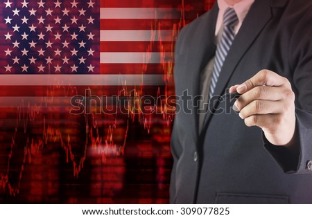 Crisis in USA - Shares Fall Graph on United States of America Flag with Businessman writing, drawing on the screen