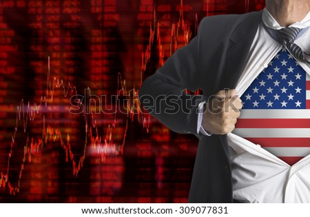 Crisis in USA - Shares Fall Graph on United States of America Flag with businessman showing a superhero suit underneath his suit