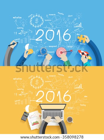 2016 new year business success working on laptop computer, Flat design concepts for drawing analysis and planning, consulting, team work, project management, brainstorming, research and development