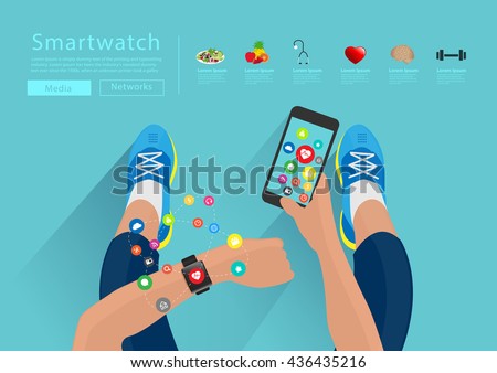 Fitness woman hand with wearing watchband touchscreen smartwatch, holding mobile phone with applications icons flat design ideas concepts living healthy life, Vector illustration layout template