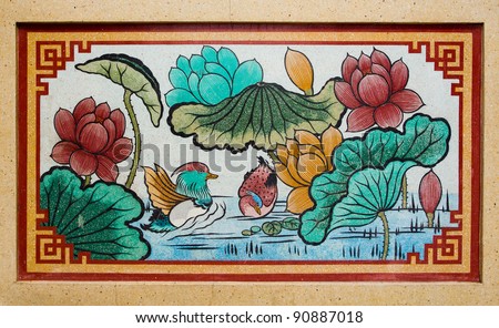 Art Chinese style painting on the wall in temple,Thailand.Generality in Thailand, any kind of art decorated in Buddhist church etc. created with money donated by people, no restrict in copy or use.