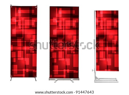 Set of banner stand display with red touch screen interface background. (Save path for design work)