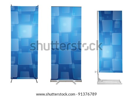 Set of banner stand display with blue touch screen interface background. (Save path for design work)