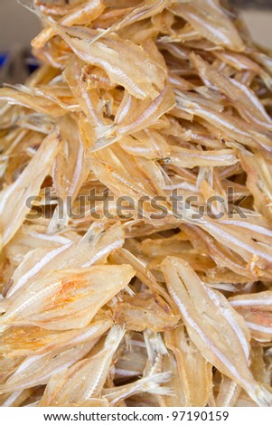 Dried fish, seafood product at market from Thailand.