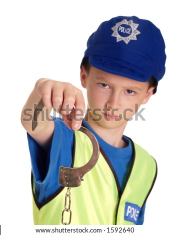 Child In Policeman Uniform Holding Handcuffs Stock Photo 1592640 ...