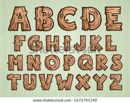 A full scalable vector illustrated alphabet made of wooden planks, stick, branches and cut logs of wood against a wooden background Foto stock © 