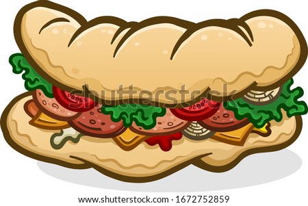 A big delicious sub, hoagie or hero sandwich topped with lunch meat, condiments and toppings