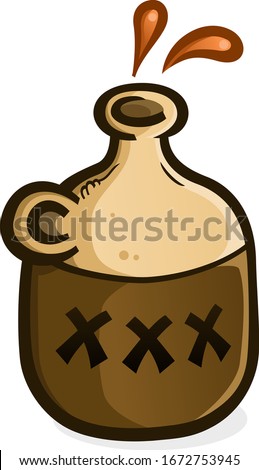 A jug of moonshine vector icon illustration splashing droplets of hard liquor from the open top