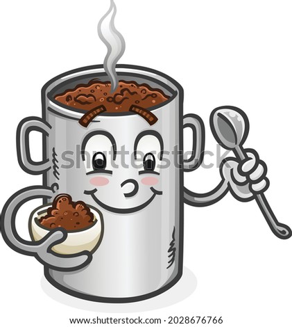 A big, hot pot of delicious chili cartoon character with a happy smile holding a heaping bowl of chili and eating it with a spoon