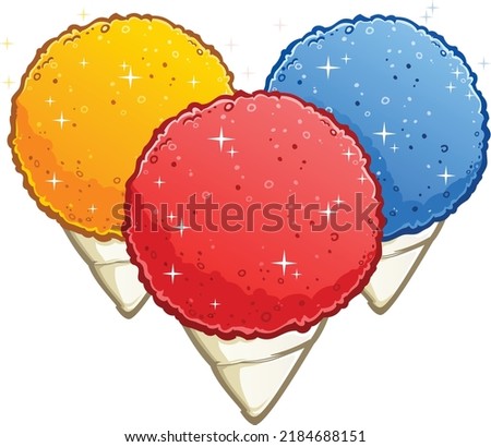 A trio of red cherry, blue raspberry and yellow lemon snow cone frozen desserts cartoon vector illustration