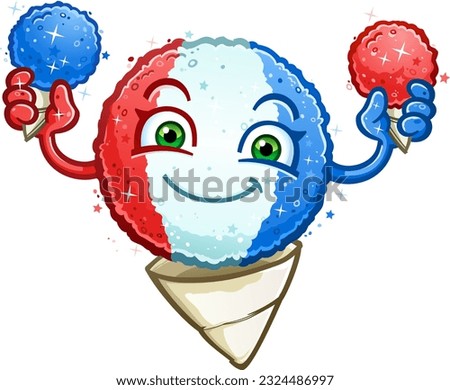 Red white and blue snow cone cartoon character holding cherry and blue raspberry snowcones and smiling big on the fourth of july and sporting America's colors for the holiday